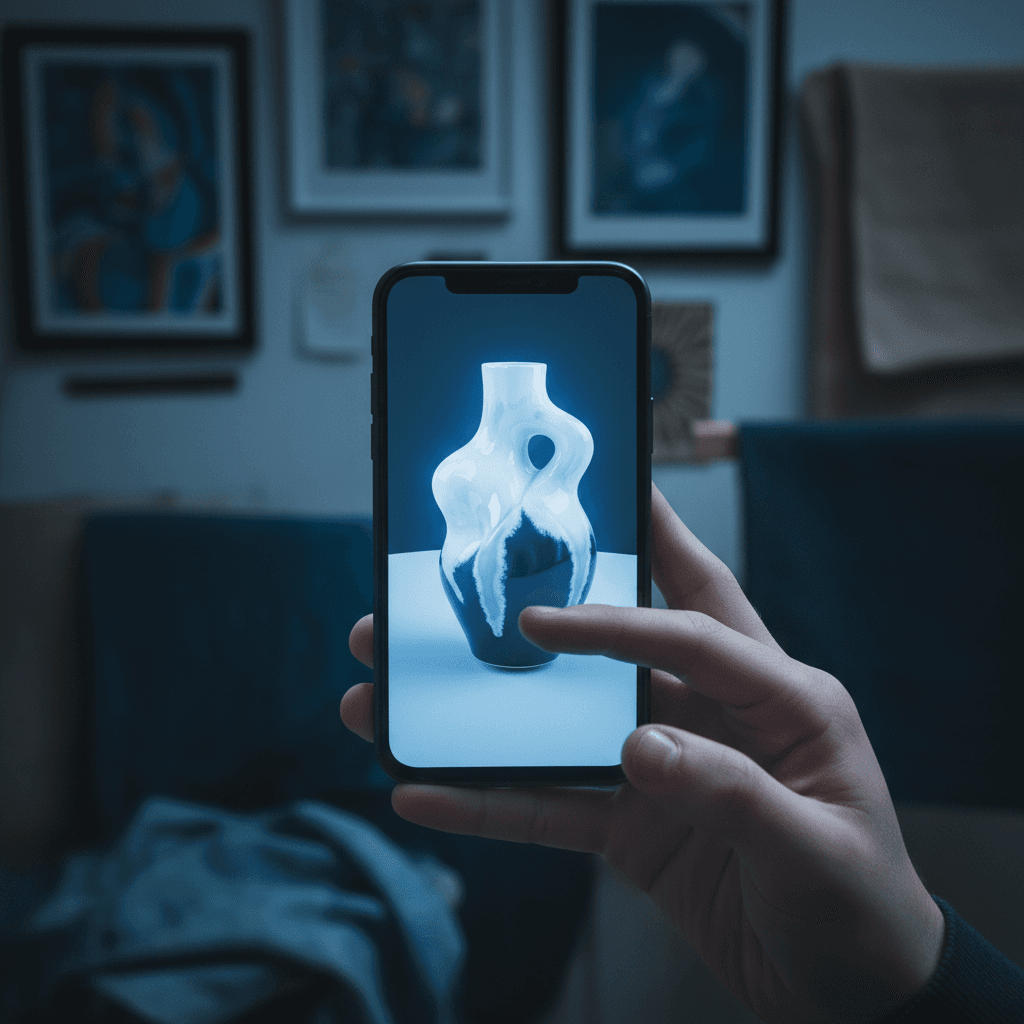 Teenager viewing a ceramic vase through AR on a smartphone screen in a dimly lit studio
