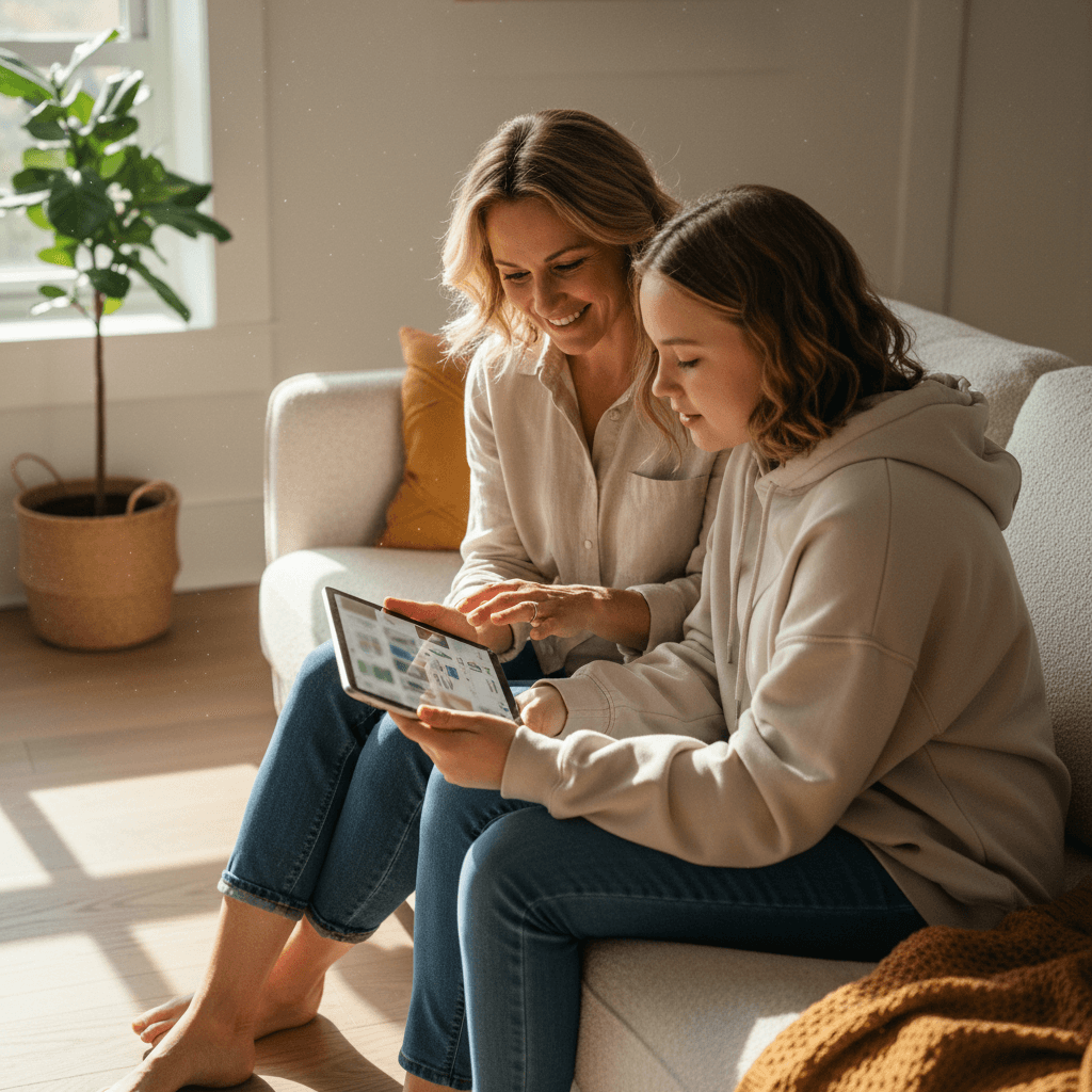 Parent and teen browsing the platform together on a tablet