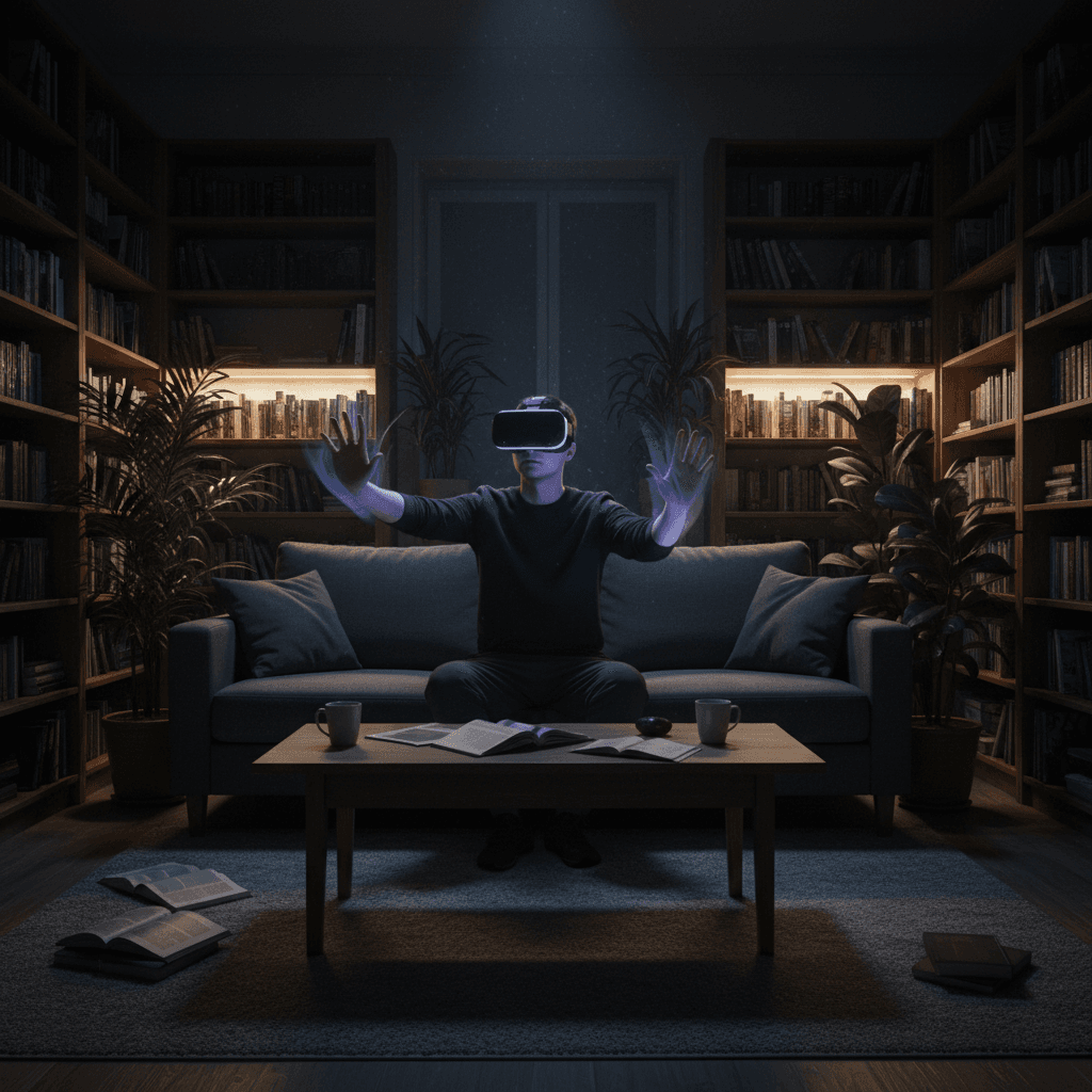 Person exploring a virtual artist studio with VR headset