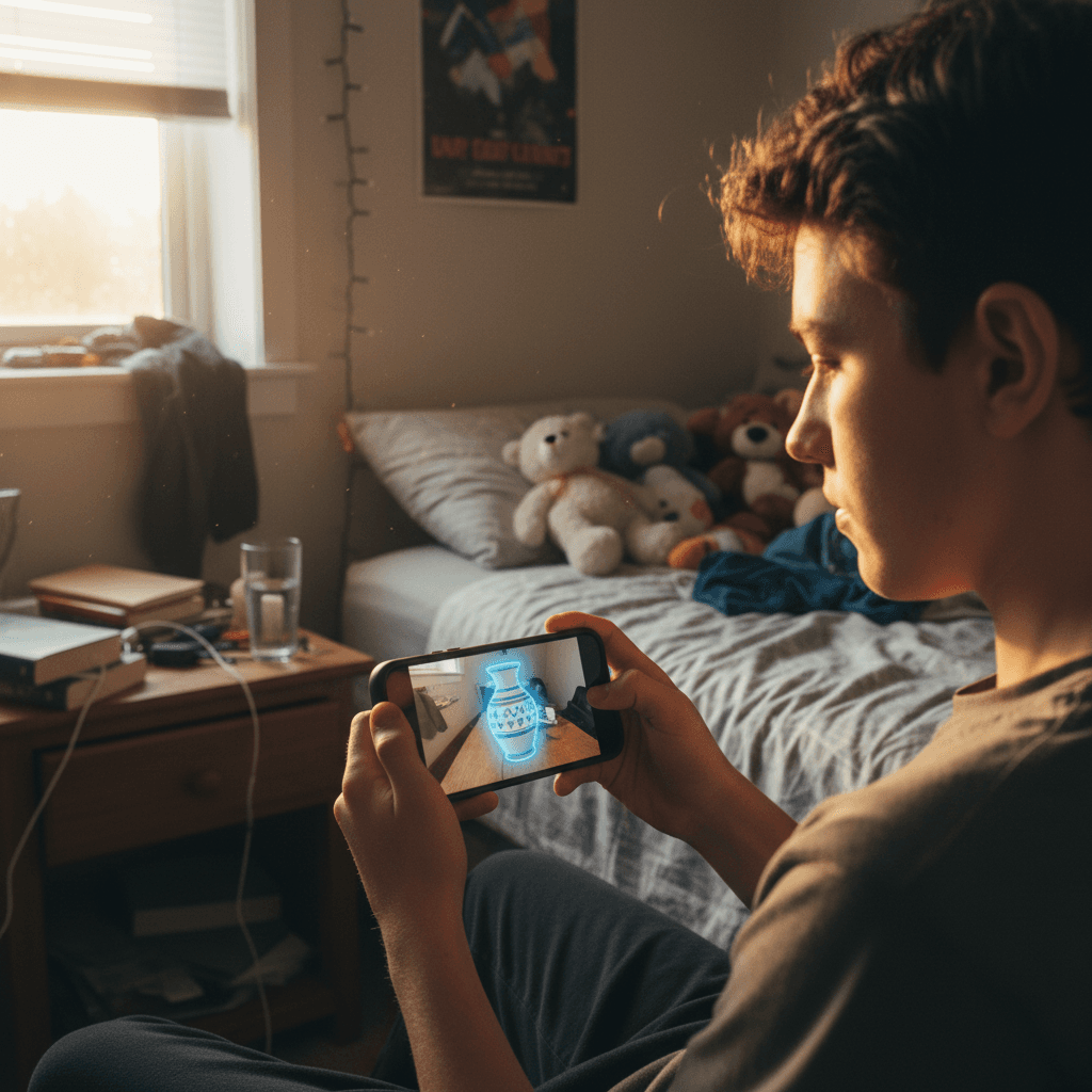 Teen using AR to preview a ceramic vase in their bedroom