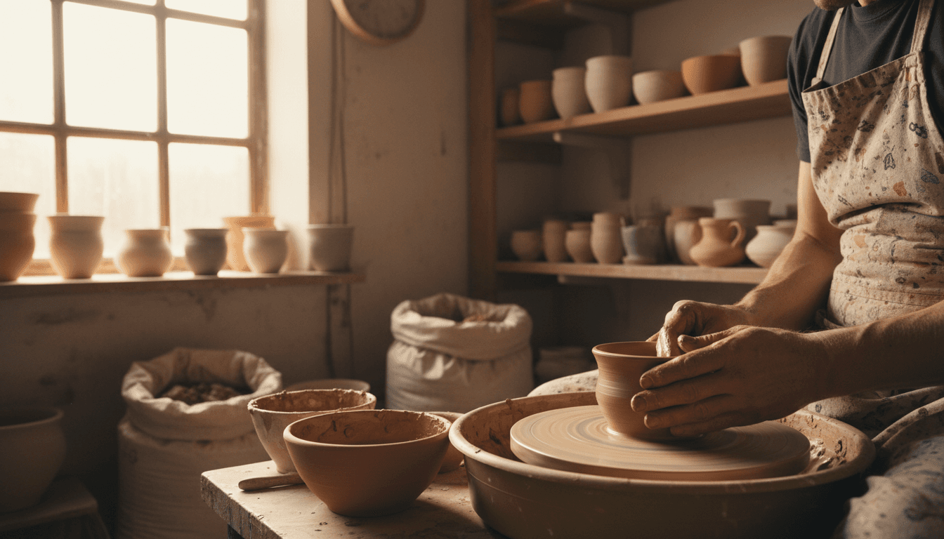 Artist's hands shaping clay on a pottery wheel in a sunlit workshop