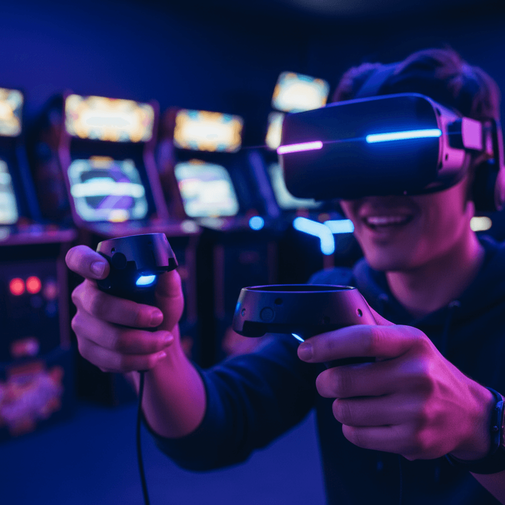 Teenager wearing VR headset exploring a virtual studio