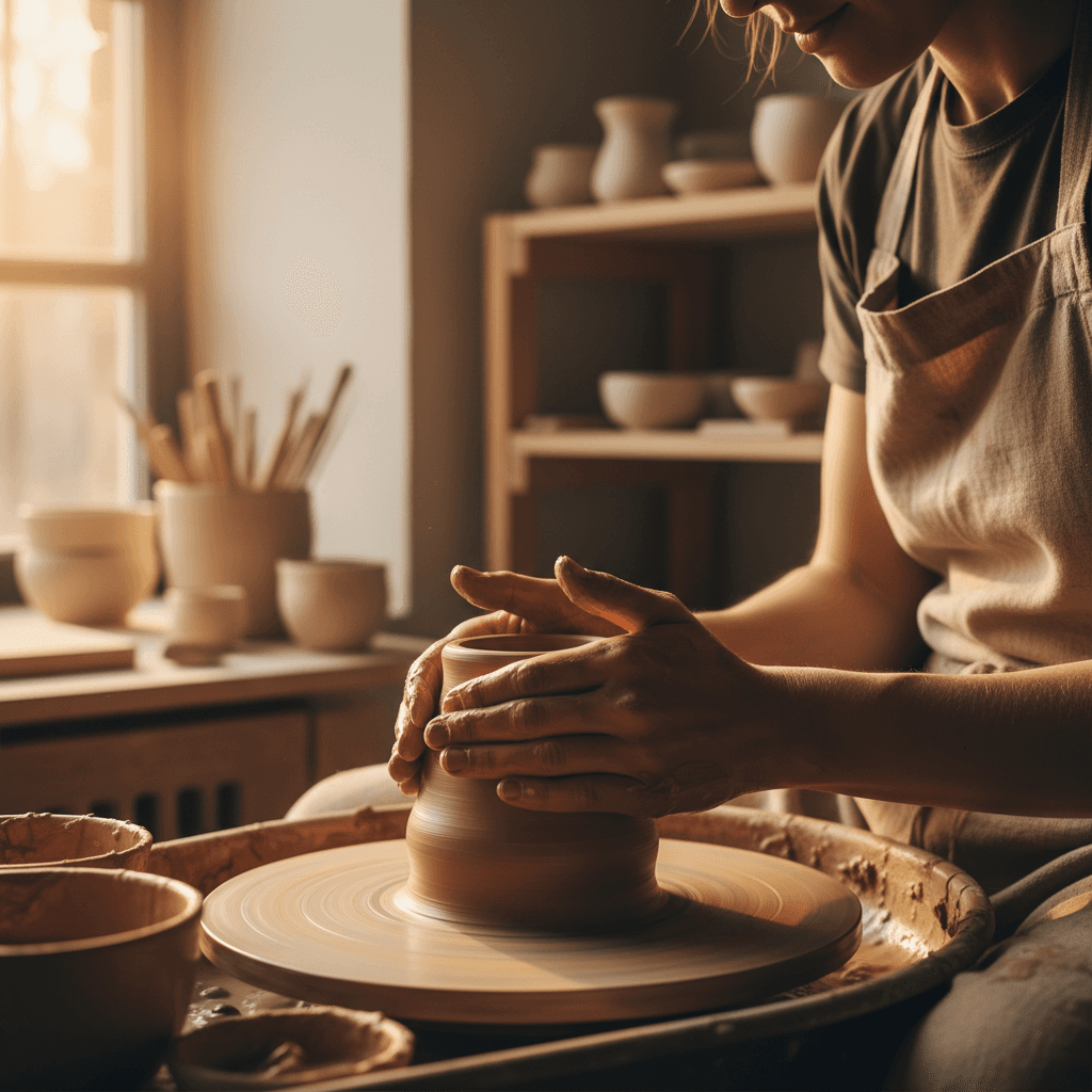 Artist working with clay in studio