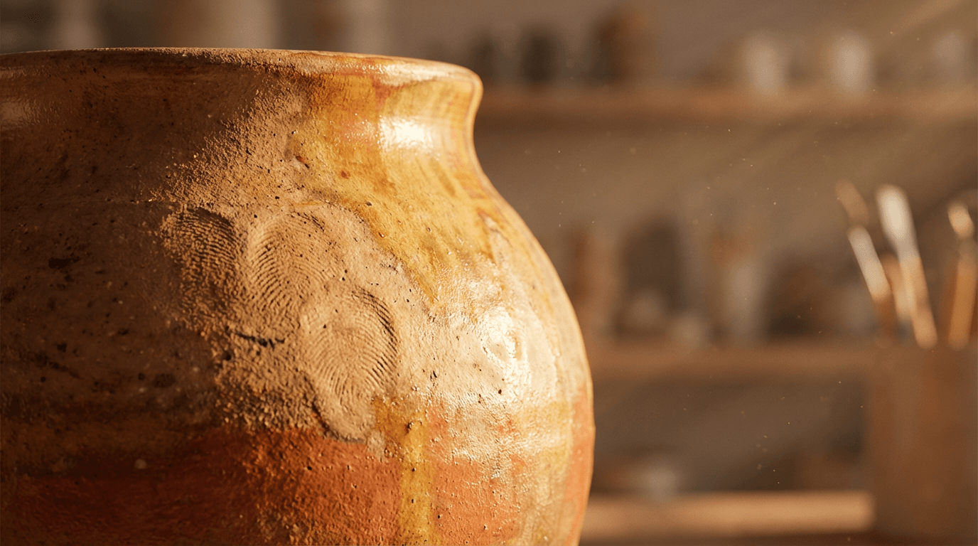 Artisan hands painting a ceramic mug on a wooden table